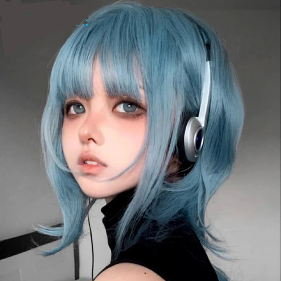 Gray Blue Human Hair Wig With Bangs