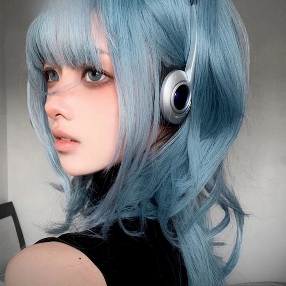 Gray Blue Human Hair Wig With Bangs