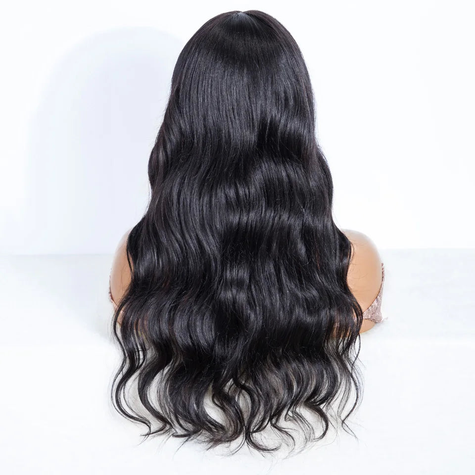 Natural Black Wavy Human Hair With Bangs Wigs